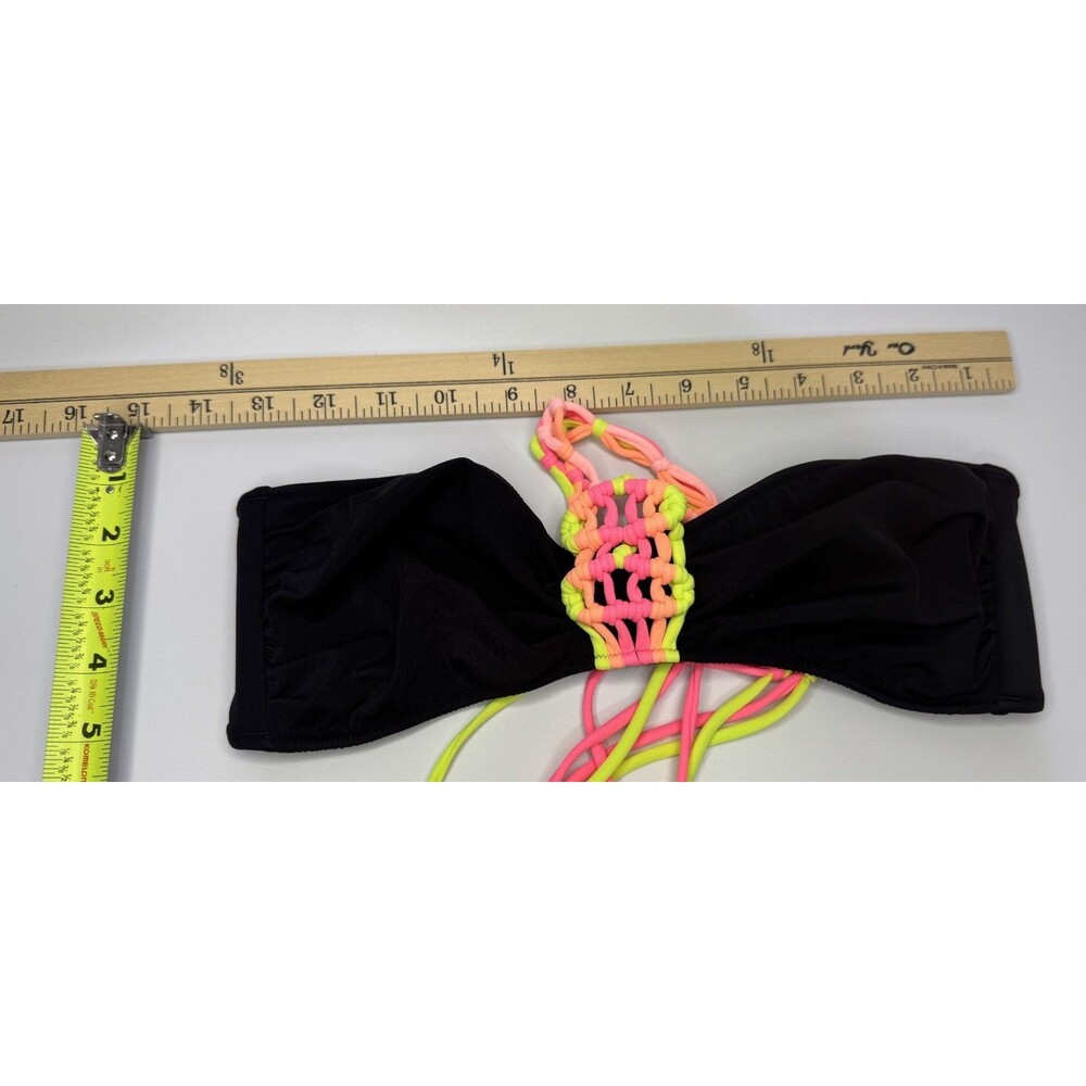 Victoria's Secret Black Hot Pink Orange Yellow NEON Strappy Cheeky Swim Set Med - Picture 14 of 16